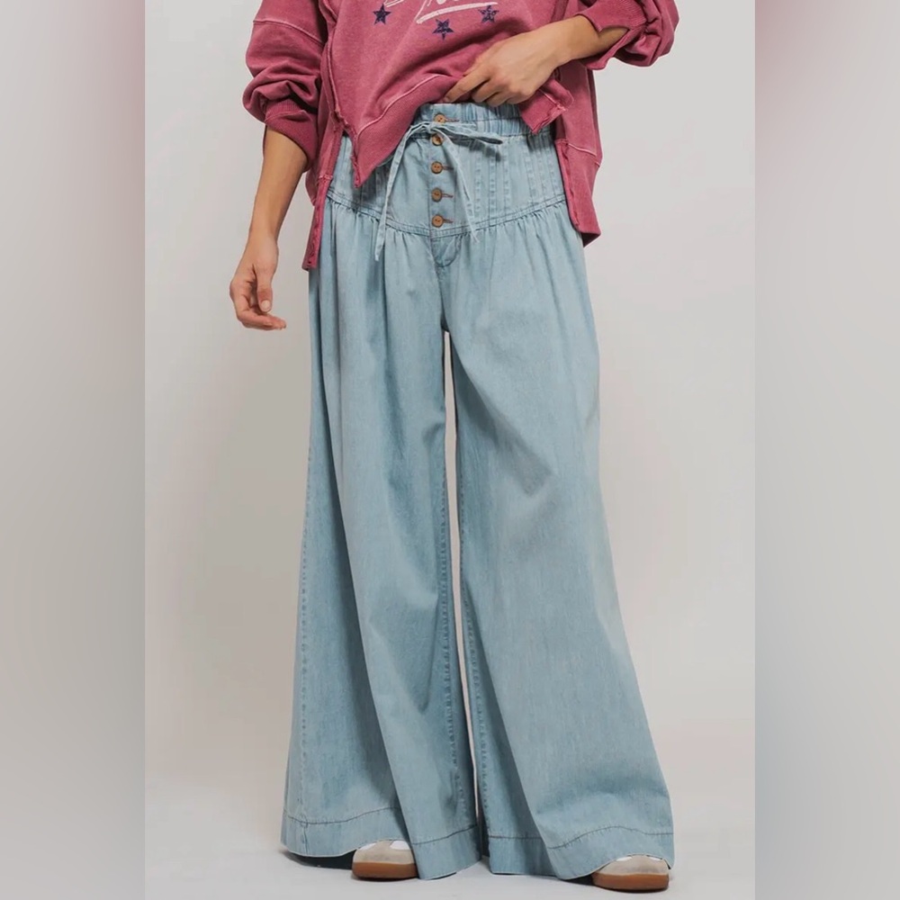 Urban Daizy Pintuck Wide Leg Jeans Light Wash Drawstring NWT Size L - Picture 9 of 9